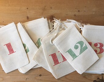 Advent Numbers Calendar Christmas Bags - Colorful Holiday Bag Set - Countdown to Christmas - 25 Vintage 4x6 3x5