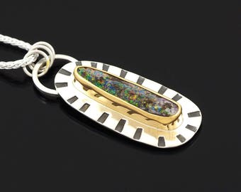 Australian Boulder Opal necklace Sterling Silver with 22K Gold - multicolor opal necklace - boulder opal pendant - Boholux opal necklace
