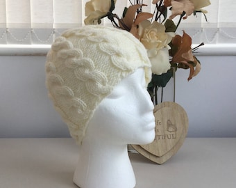 Handknit Cream Cable Beanie Hat -Ready to ship