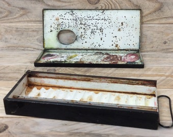 Vintage Artists Painting Case~George Rowney~Tin~Paint Box~Watercolour~Paints~Black Tin Box~