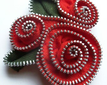 Red Abstract Floral Brooch / Zipper Pin by ZipPinning 3118