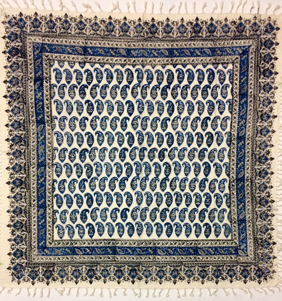 Magnifcent oriental pattern tapestry art, blue paisley tablecloth , calico fabric with natural dyes 40" inches