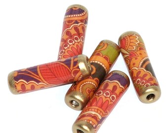 Paper Beads – Ethnic Autumn - tube beads in orange, green and purple, for jewellery making, paper crafts & fibre crafts