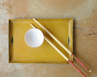 Vintage Sushi Set, Gold Mustard and Black Lacquerware Tray and Orange Porcelain Wasabi Cup