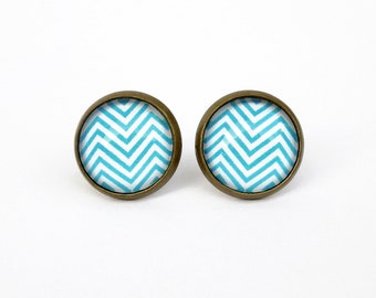 CLEARANCE SALE - Teal Blue Chevron Earposts - Antique Bronze Glass Stud Earrings