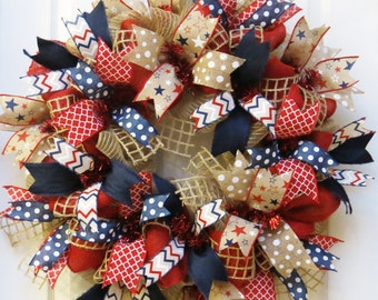 Patriotic Wreath, 4th of July Wreath, Burlap Patriotic Wreath, Americana Wreath, Memorial Day Wreath, July 4 decor, Memorial Day Decor