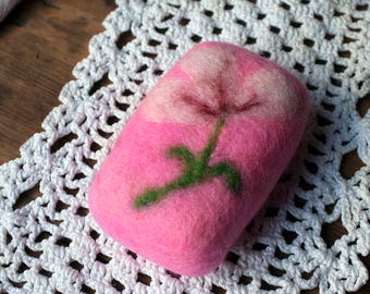 Felted soap, Pink felted soap with a white flower,