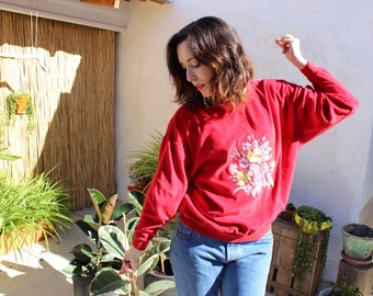 Red Velour Sweater with Flower Embroidery