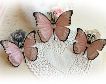 Reneabouquets Butterfly Set Sweetheart Glitter Glass Butterflies Scrapbook Embellishment Tag, Card, Mini Album, Wedding