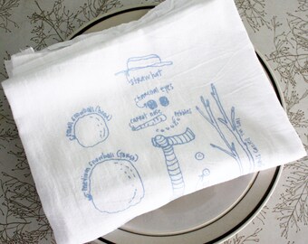 Snowman diagram tea towel - white cotton floursack kitchen towel