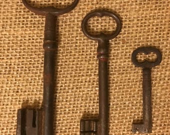 Set of Three Rusty Antique Skeleton Keys from France