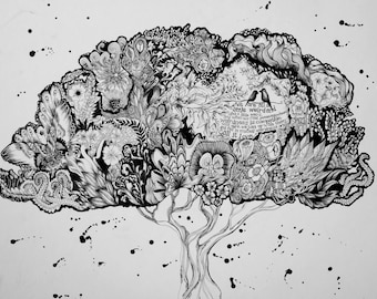 Beautiful Print of Original India Ink Illustration "Weird Love"