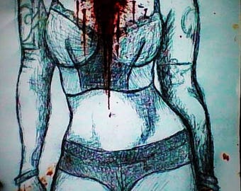 original signed blood art female form portrait-ink drawing