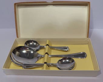 Excellent Vintage Boxed Set of Chrome Plated Dessert Spoons with Matching Serving Spoon