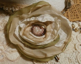 Floral Bobby Pin, Handmade Fabric Flower Hair Accessory, White and Tan