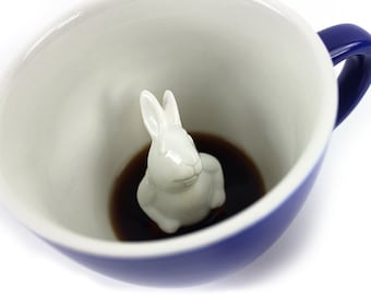 Rabbit Mug by CREATURE CUPS | Hidden Animal Cup | Bunny Blue Ceramic Cup | Holiday / Birthday Gift for Coffee & Tea Lovers