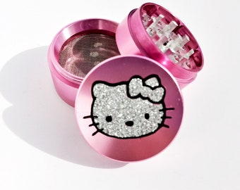 HERB GRINDER - kitty pink steel 4 piece herb grinder, glitter, girly, anime, bling, smoking accessories, smoking gifts