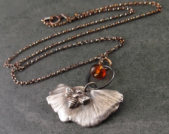 Gingko leaf pendant w/ a bee in eco friendly fine silver, handmade silver and amber necklace-OOAK