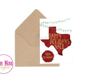 Texas Holiday Card- Watercolor- Digital File- Printable- Christmas Card-