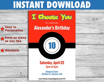 Pokemon Birthday Invitation - DIY Editable File you personalize at home - for children or adult parties - INSTANT DOWNLOAD