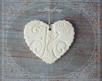 White scalloped ceramic heart, letter 'A' and Black Lace Print