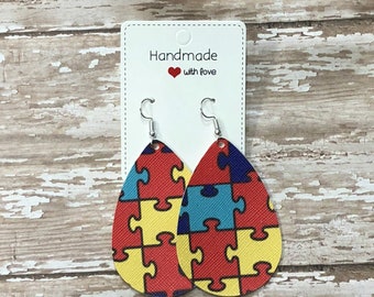 Autism Support Print Faux Leather Teardrop Drop Earrings
