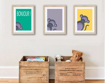 3 posters of monkey , boy wall art décor, kids room, nursery
