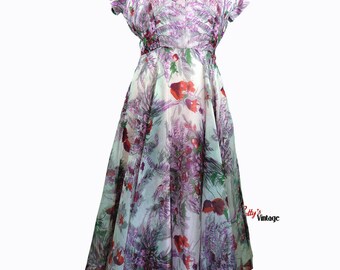 1950's floral printed chiffon cocktail dress