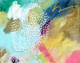 Original abstract Painting, gold, modern art, dotted, Fine Art, bright, colorful, wrapped canvas