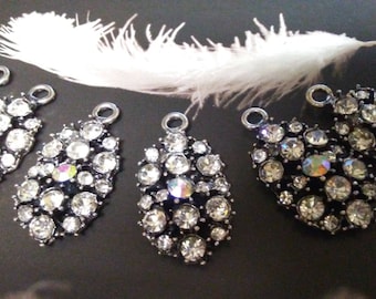 Vintage Rhinestone Pendants with Gunmetal Settings, Large Rhinestone Dangles, Jewelry Making Supply
