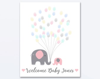 Baby Shower Fingerprint Guest Book - Elephant Baby Shower - Personalized Alternative Guest Book - Fingerprint Tree - Pink Elephant