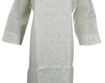 Beautiful Floral Hand Embroidered Long Tunic 3/4 Sleeves Cotton Ethnic Wear Gypsy Beige Summer Dress L