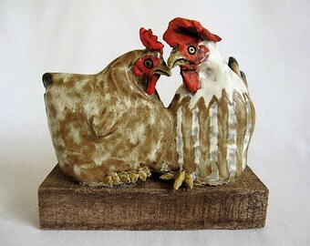 Pair of Hens/Hen Sculpture/Ceramic Hens/ Unique Ceramic Hen Sculpture