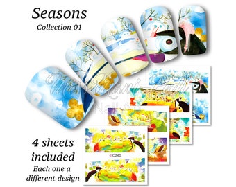 4x Full Cover Nail Art Water Stickers Wraps Transfers Seasons Collection 01, Spring, Summer, Autumn, Winter, Toucan Scenes Z240