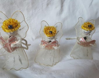 3 Vintage Christmas Angels White Netting Wings Spun Cotton Heads