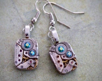 Steampunk ear gear - Ice Blue - Steampunk Earrings - Repurposed art