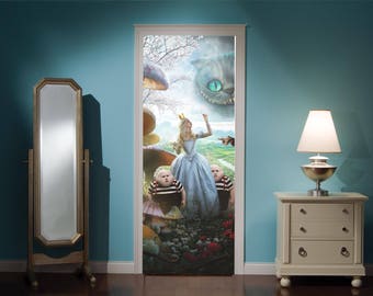 Door Mural Alice In Wonderland Mad Hatters Tea Party View Effect Decal Mural Home Decor Window Sticker Home Living Vinyl Bedroom Lounge 302