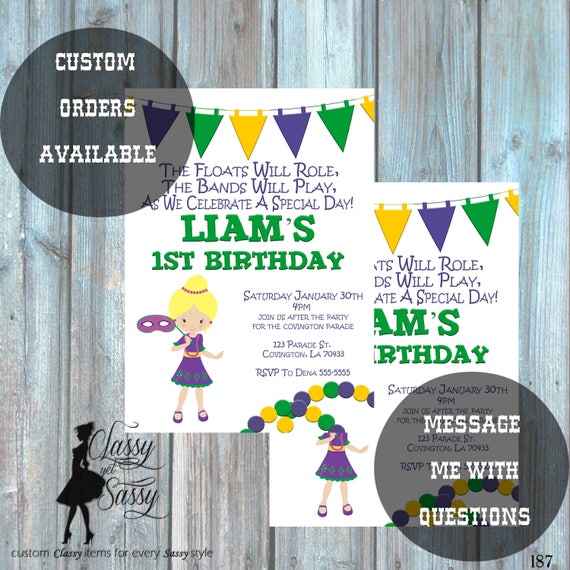 Mardi Gras Birthday Party Invitation, Mardi Gras Party, Parade party, New Orleans Baby, New -188