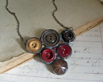 Recycled Button Bib Necklace One of a Kind Soldered Jewelry