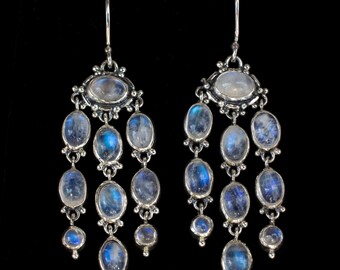 Rainbow Moonstone Chandelier Earrings, Sterling Silver Rainbow Moonstone Earrings, Moonstone Dangle Earrings, Gemstone Earrings: DELIA