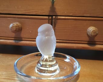 French Vintage Lalique Owl Frosted Glass Pin Tray