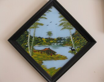 ANTIQUE PAINTING on GLASS Mountain Landscape Painting With Deer In Black Wooden Frame Triangle Shaped Frame