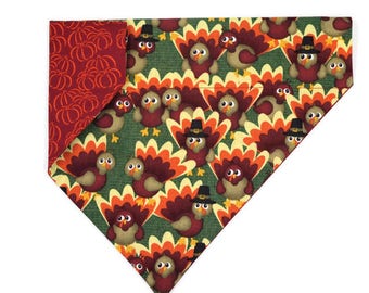 Thanksgiving Dog Bandana –Turkeys & Pumpkins– Reversible – Slides on Collar