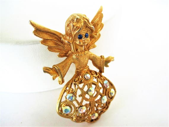 Angel Christmas Brooch, Rhinestone Angel, Blue Eyed Angel