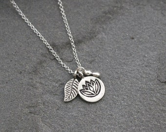Sterling Silver Lotus Flower Necklace, Lotus Flower and Leaf Necklace, Silver Cluster Necklace, Leaf Jewelry, Nature Jewelry