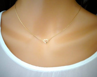 Petite Heart Necklace, Outlined open Heart necklace, Graduation gift, 14K Gold fill, Child necklace, Bridesmaid necklace, Wedding jewelry