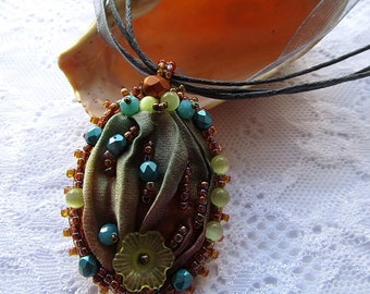 Green Shibori Necklace Beaded Embroidered Necklace Shibori Silk Ribbon Pendant OOAK Jewelry Ready to ship