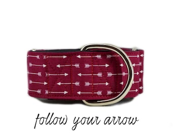 Arrow Martingale Dog Collar: Maroon/ Burgundy; satin lined; 1",1.5",2" widths available; adjustable length; perfect for greyhound & training
