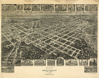 Map of Rocky Mount, Edgecombe and Nash Co. North Carolina N.C. 1907. Restoration Hardware Home Deco Style Old Reproduction