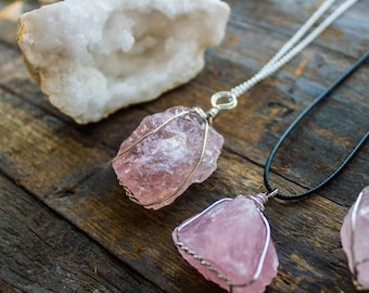 Rose Quartz Necklace Pendant Chunky Raw Natural Crystal Healing Silver Cage Wrapped Leo August Cancer July Birthday Unique Unusual Gift